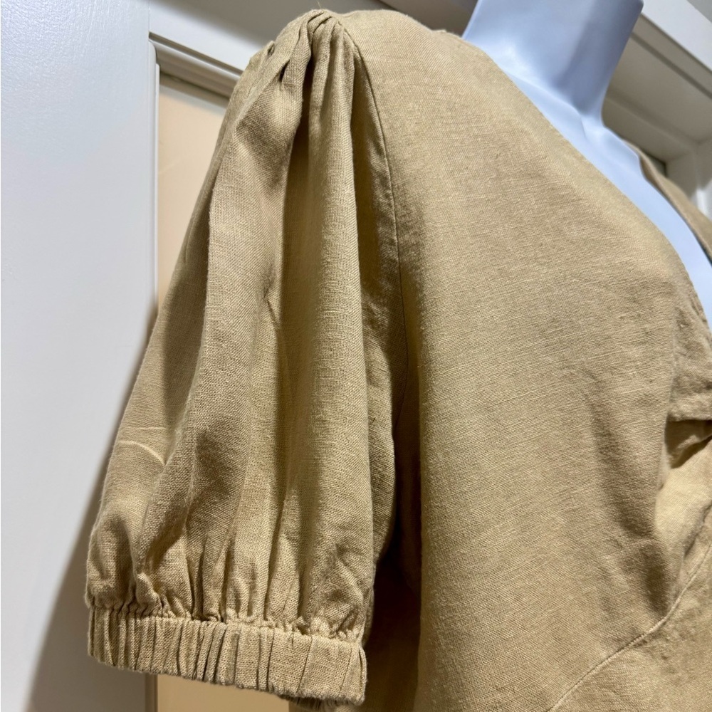 Michael Kors Tan Linen Blend Puff Sleeve Blouse XL Gold Hardware Spring 2024 - Picture 4 of 13